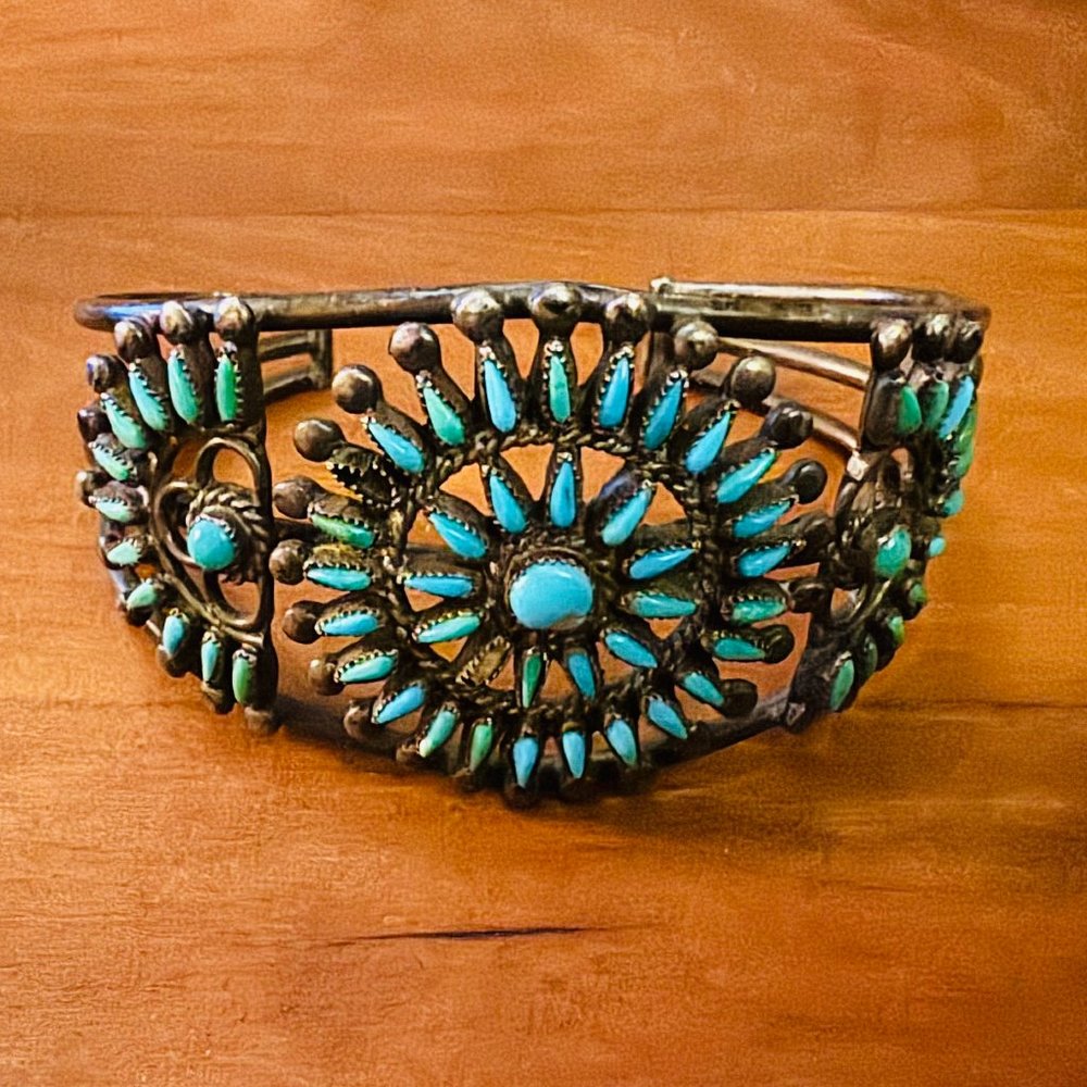 Zuni Petit Point Cluster Sterling Silver and Turquiose Cuff Bracelet 1940's